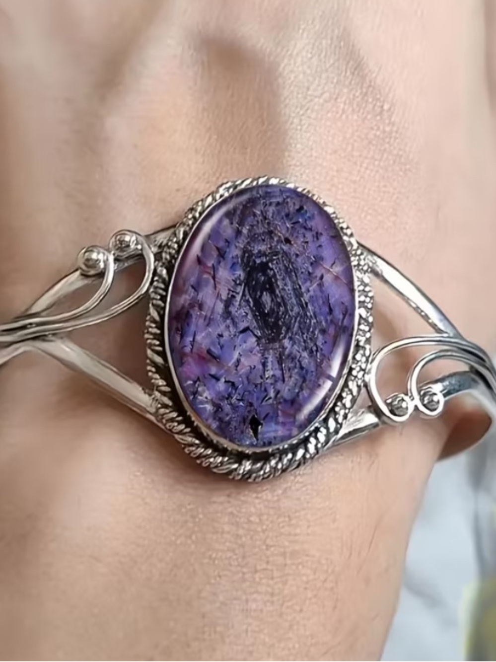 Silvertone Cuff Bracelet with Purple Glass Stone